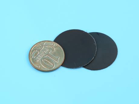 There are two round membrane electrode assemblies with a coin next to them.