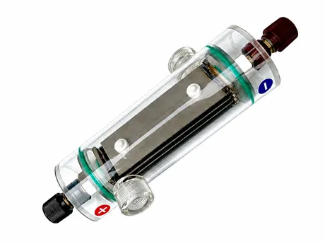 Sodium hypochlorite electrolytic cell with transparent chamber structure.